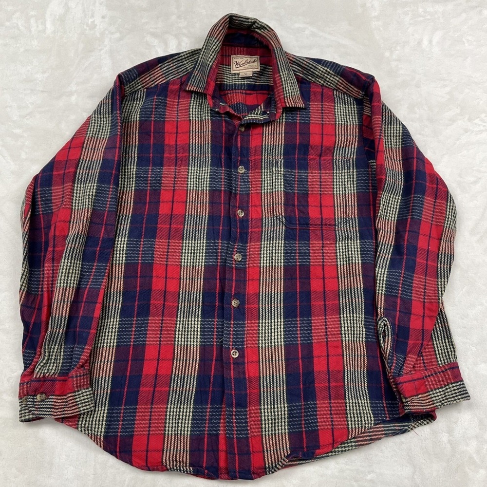 Woolrich Plaid Button Down Shirt Mens M Red Navy Blue Cotton Outdoorwear 5570WS